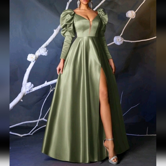 Elegant Satin Gigot Sleeve Mesh V-Neck Boned High Waist Flared Maxi Forma Dress - Picture 1 of 4